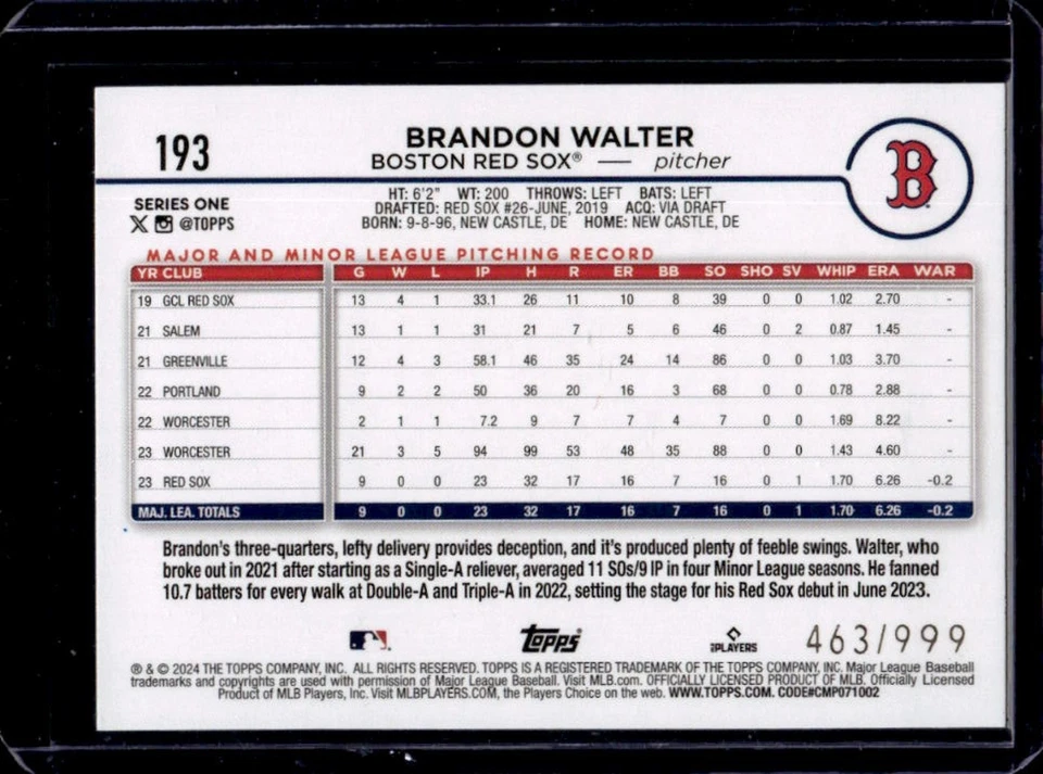 2024 Topps Brandon Walter RC Blue Holofoil Rookie #463/999 Red Sox - Image 2 of 2