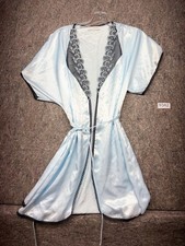 Vintage Val Mode Lingerie Robe Teal Satin Blue Black Lace Trim Size M Made USA