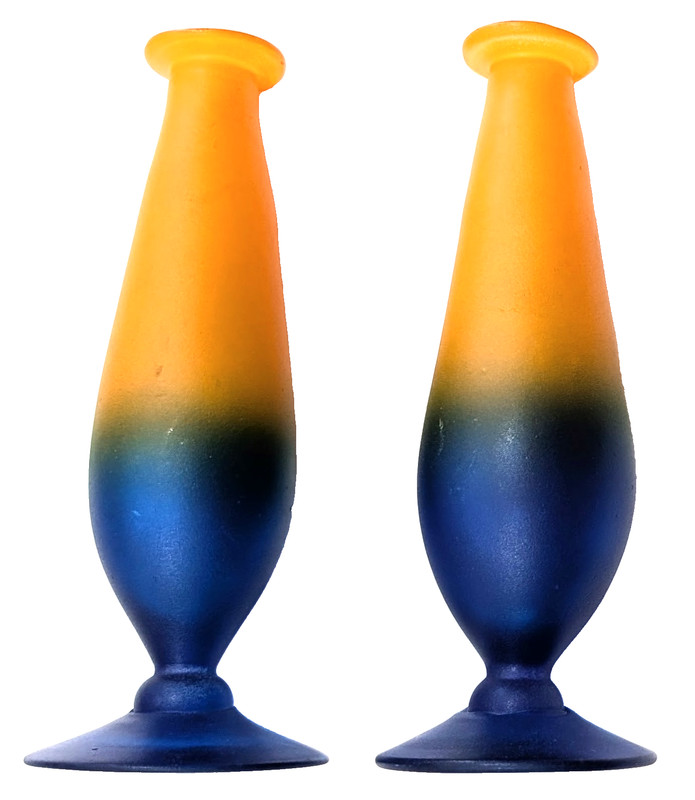 2 Ombre Blue and Orange Hand Blown Glass Pair Vases Candle Holders 9" Tall