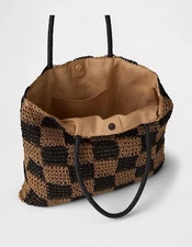 NWT Gap Gingham Straw Tote Shoulder Bag Checkered Black and Brown Large