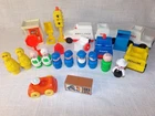 Vintage Fisher Price Little People Lot of 23 Ambulance, Phone Booth, Mail Truck