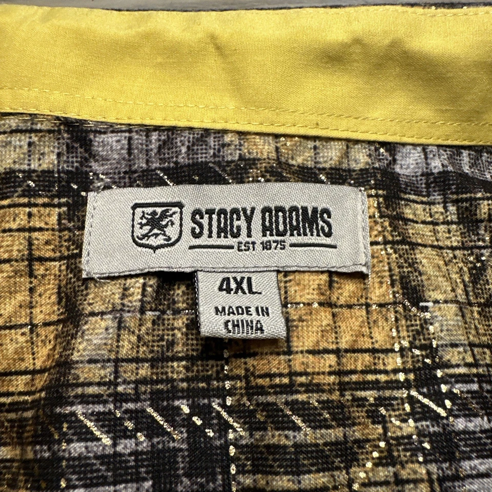 Camisa Stacy Adams Amarilla a Cuadros con Metálica Dorada Para Hombres 4XL Manga Corta Abotonada Foto 3 de 4