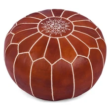 Marrakesh Gallery Genuine Leather Round Pouf Cover - Handmade Moroccan Ottoma...
