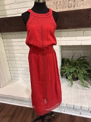 $328 Joie Brick Red Dance Pintucked Eyelet Halter Midi Dress Medium J443