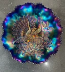 CARNIVAL GLASS ~ NORTHWOOD ELECTRIC BLUE PEACOCKS ON THE FENCE BOWL