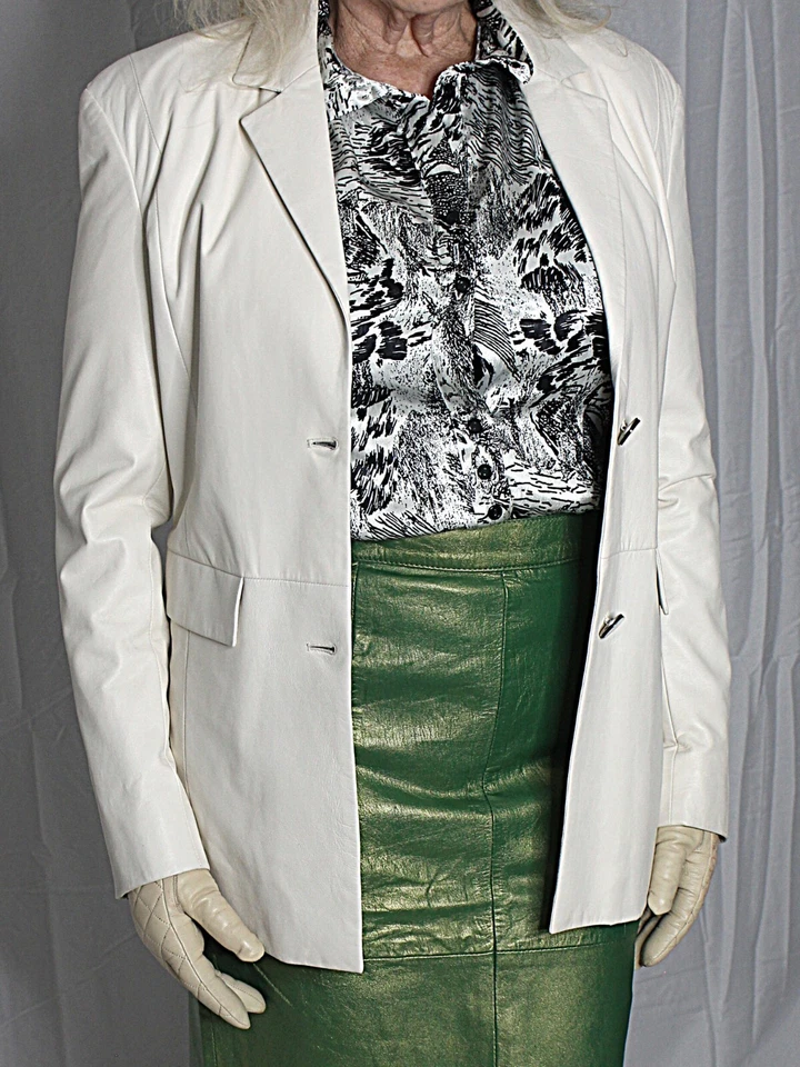 Женская кожаная куртка-блейзер M-L 18 МЯГКАЯ из овечьей кожи белая кремовая DROMe легкая - Изображение 2 из 4