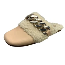 Kelsi Dogger Slide Leather Mule Nude Large Gold Chain Square Toe Faux Wool Sz 7