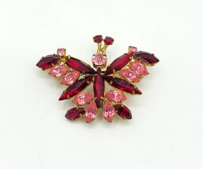 Vtg Small Butterfly Brooch Pin Red Pink Rhinestones Insect Bug AUSTRIA Jewelry