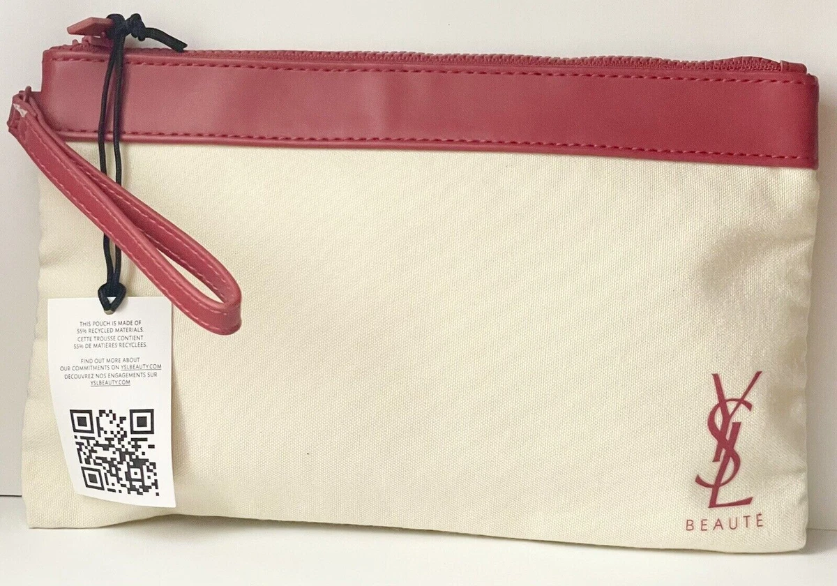 Yves Saint Laurent Beaute YSL tan Beige Red Makeup cosmetic Bag Pouch Wrislet