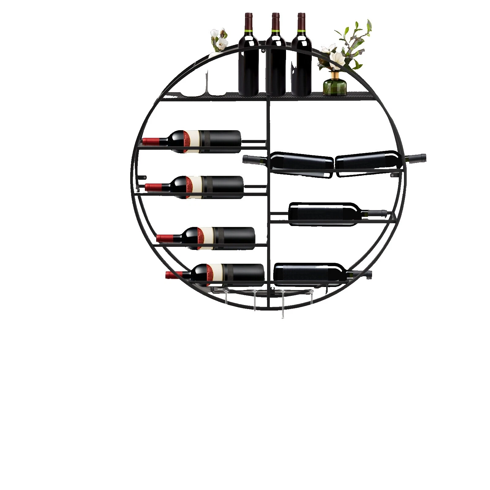 Montado en la pared de hierro negro Estantes para vinos y Portabotellas