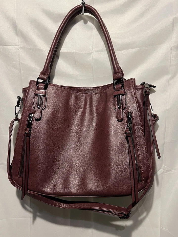 Bolso Bandolera Hobo Inclinado Rojo Vino Cuero Real Asas Cremallera Gris Forrado Usado en Excelente Condición