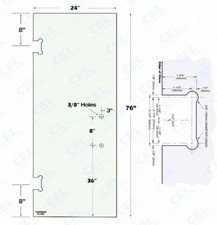 76"H Shower Door Doorlite, Geneva Cutout  8" handle Hole, 3/8" Temp Glass