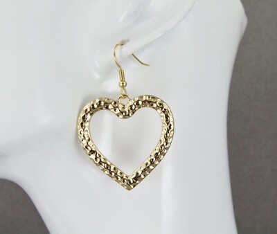 Gold heart earrings hammered texture earrings 2'' long dangle lightweight 