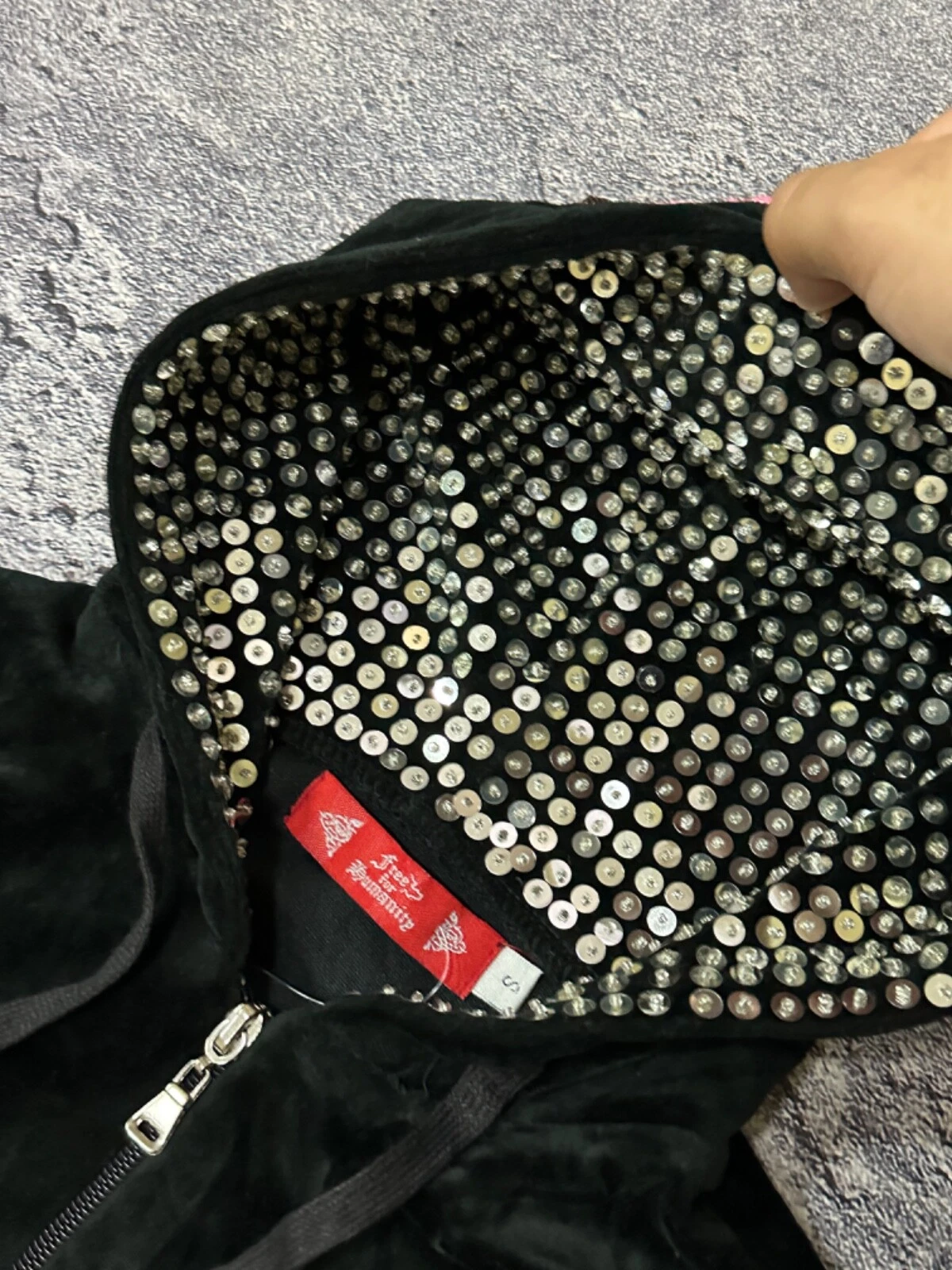 CHANEL Felpa con cappuccio zip discoteca velluto strass stile Ed Hardy vintage anni 90 Y2k stile Giappone