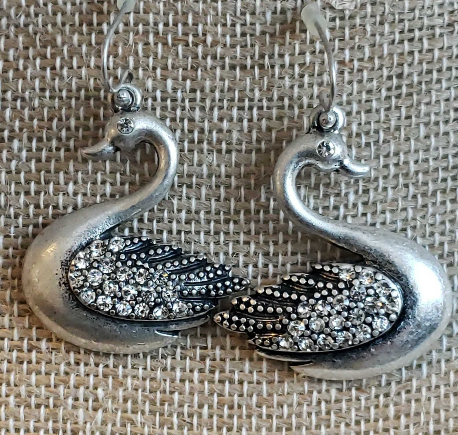 Silver Tone Swan Hook Earrings with Rhinestone Accents 1.24
