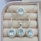 Aquamarine Pendant With Earrings Silver Jewelry Set-925 Solid Sterling Silver