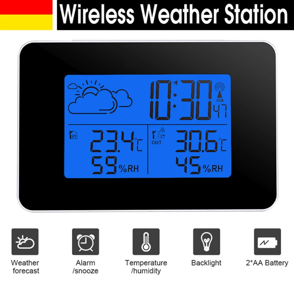 Digital Funkuhr Wetterstation Funkwecker Thermometer Hygrometer mit Außensensor - Bild 2 von 4