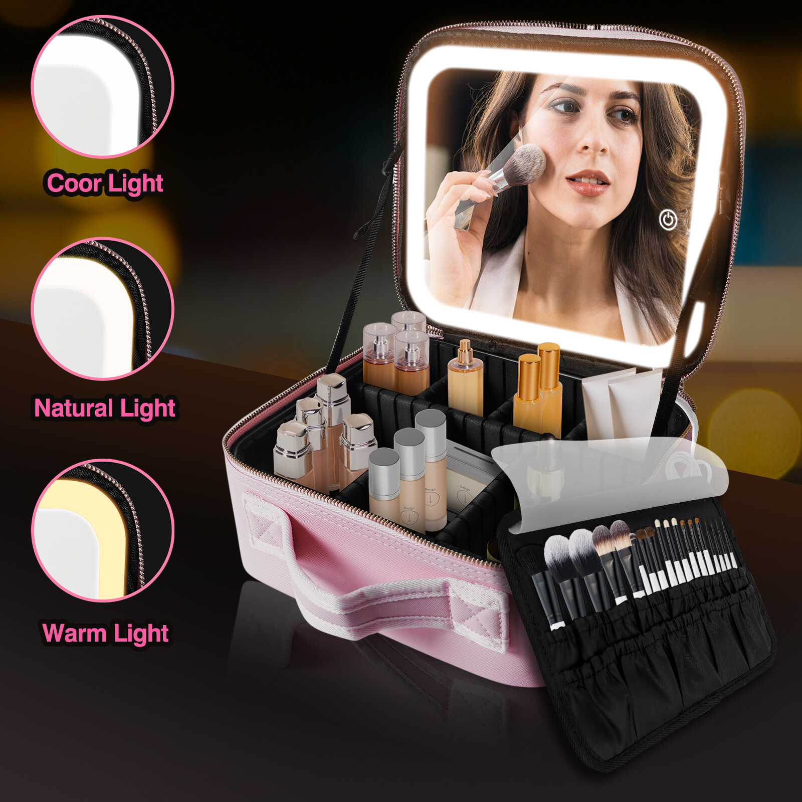 Makeup Bag with LED Mirror Vanity Case Beauty Box Make up Travel