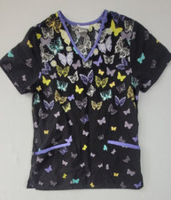 ScrubStar Womens Top Extra SZ Small Black Purple White Butterflies V-Neck