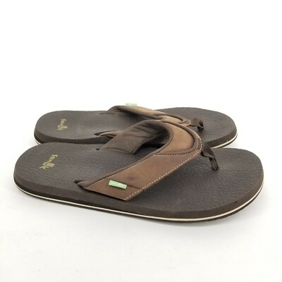 B21 Sanuk Mens Beer Cozy Brown Leather Flip Flop Sandal SWS2468 Size US 