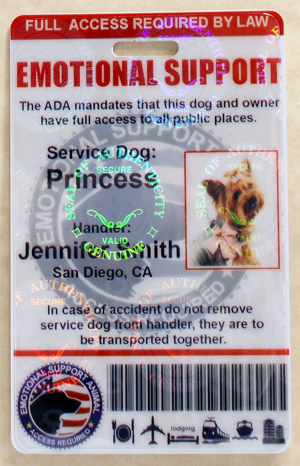 HOLOGRAPHIC EMOTIONAL SUPPORT DOG ID CARD FOR SERVICE DOG ADA RATED ...
