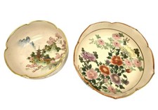 Vintage Japanese Hand-Painted Ceramic Bowls With Floral Landscape Designs je189