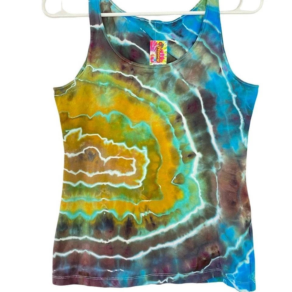 Camiseta sin mangas Geode Tie Dye hecha a mano para mujer talla mediana azul turquesa dorado reciclado Foto 2 de 4