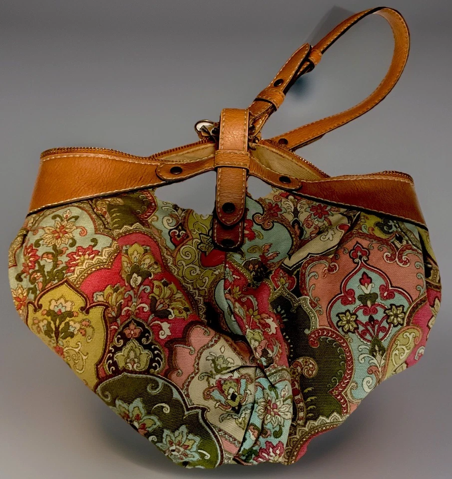 De Colección Fossil 78082 Paisley Tapiz Hobo Bolso de Hombro Tela Cuero Borde Boho Llave Foto 4 de 4