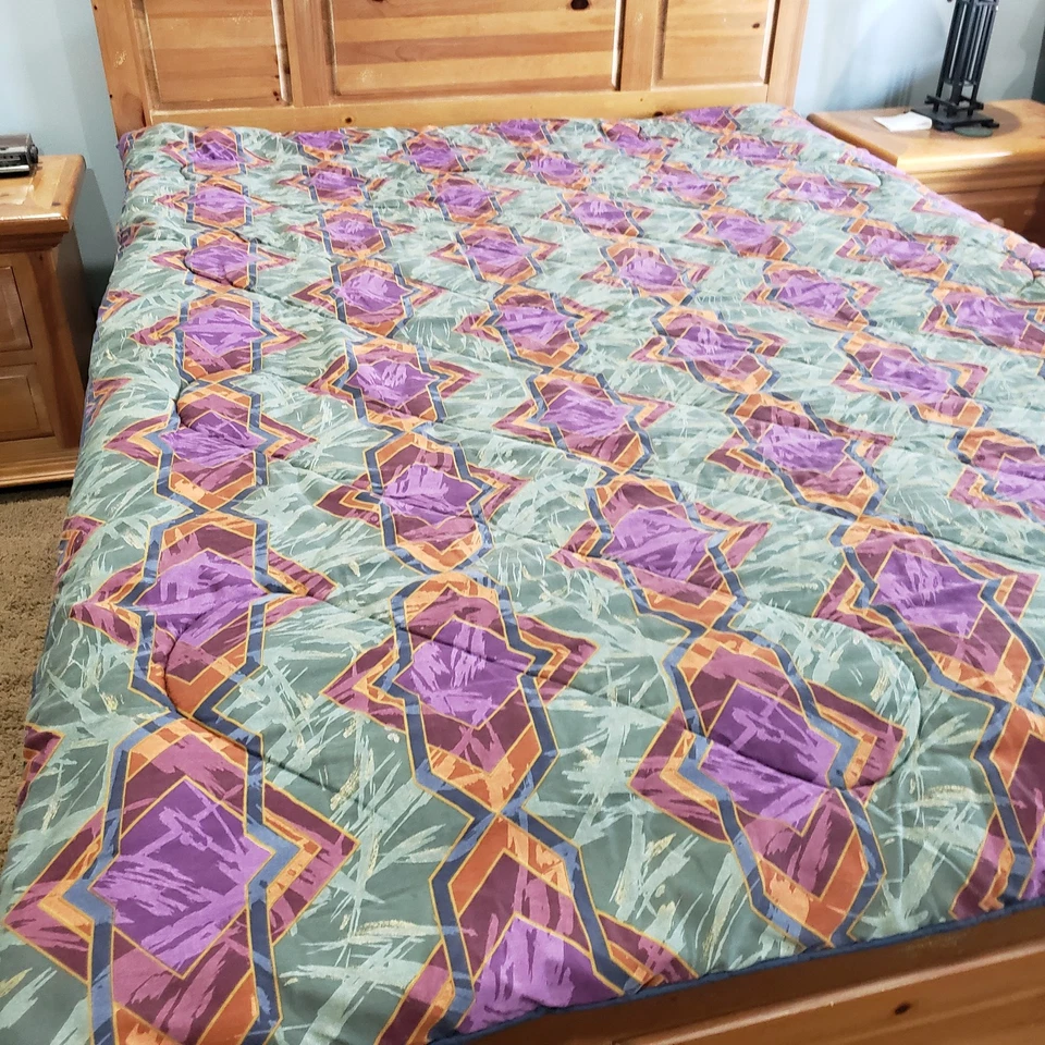 Edredom duplo canhão antigo 62x86 EUA reversível asteca sudoeste geométrico anos 80 - Imagem 3 de 4