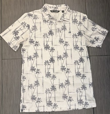 TravisMathew Finally Here Golf Polo White With Blueish/Gray  Palm Trees Medium