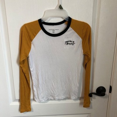 American Eagle Kids Raglan Shirt Size 16 White Mustard Yellow Amazing Graphic