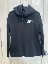Women's Black Nike High Cowl Neck Hoodie White Logo Pullover Sweatshirt Sz Large
