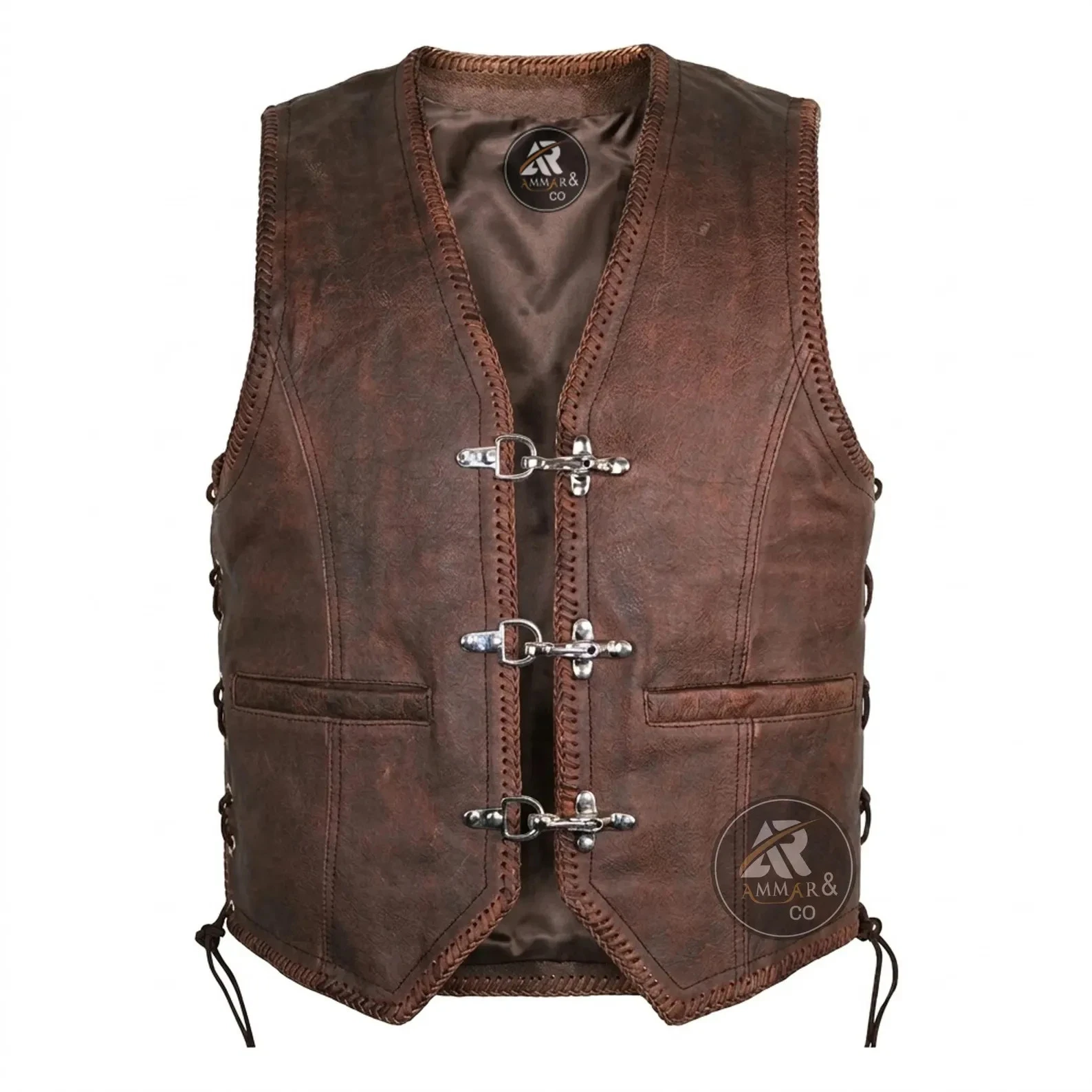 Vintage Brown Leather Motorcycle Vest for Men - Western Biker Waistcoat