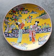 Antique Japanese Cabinet Plate | Yellow Glazed Ceramic with Geishas In A Garden