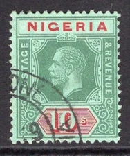 NIGERIA 1914-29 KGV DEFINITIVE 10/- VERY FINE CDS USED. STANLEY GIBBONS 11.