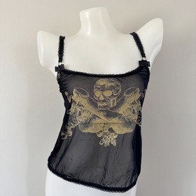 AGENT PROVOCATEUR Sheer SKULL & BONES Gold Pirate Print Tank Top PVC Charm AP M