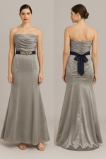 Strapless Silver Beaded Evening Gown Ruched Bodice Formal Dress Women's 6