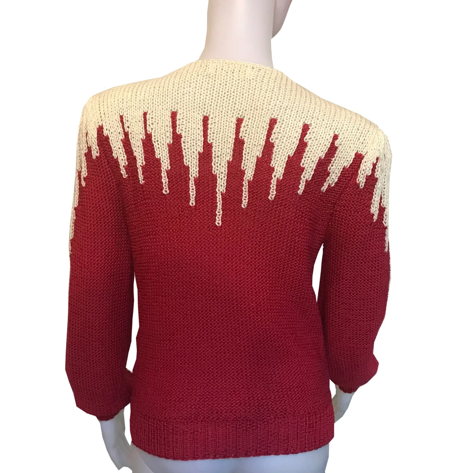 Suéter vintage anos 1980 Lillie rubi bloco de cores vermelho e branco manga longa gola V - Imagem 3 de 4