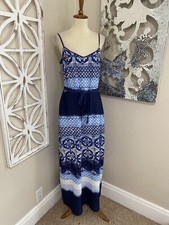 ANN TAYLOR size 6 BLUE PRINTED BELTED WAIST ADJUSTABLE STRAP MAXI DRESS
