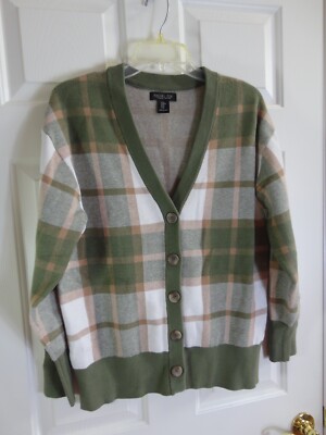 Rachel Zoe Size M Women's Plaid V-Neck Soft Knit Cardigan Olive