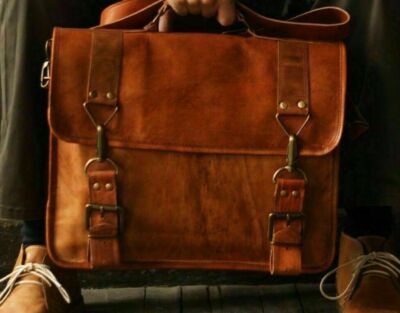 Vintage Messenger Shoulder Briefcase Laptop Bag Leather Men's Genuine Brown Goat