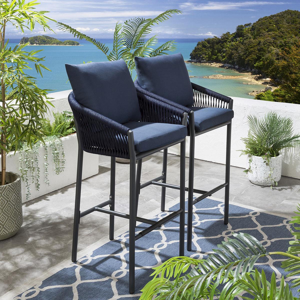 Set of Modern Garden Bar Stool Yale Blue Padded Outdoor Cushions