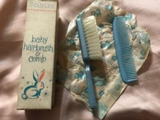 NIB VINTAGE STANLEY BABY HAIRBRUSH AND COMB SET SHIMMERY IRIDESCENT BLUE NOS