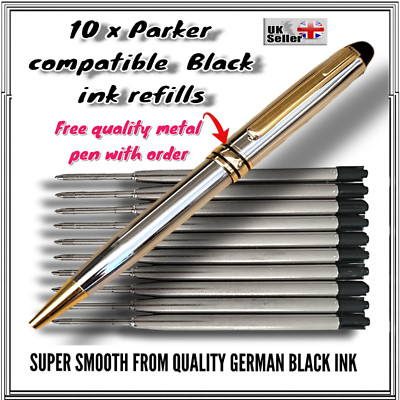 Metallic Ink Refills 10 x Quality Ballpoint 0.7 ink Metal Pen Refills in black ink, Parker ...