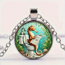 Whimsical Seahorse Art Design Round Glass Pendant Necklace
