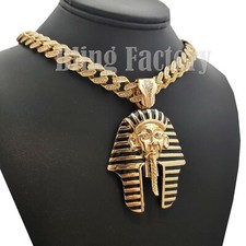 Hip Hop Egyptian Pharaoh Cubic Zirconia Pendant  Iced Cuban Chain Necklace