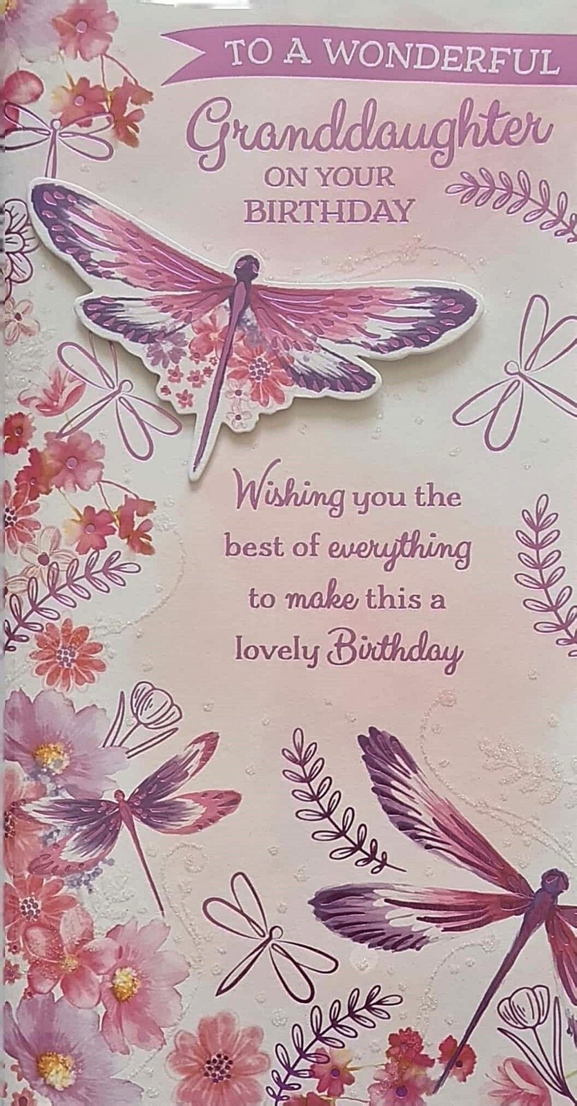 Happy Birthday Card Granddaughter Dragonfly Dragonflies Glitter Pink Foil Flower