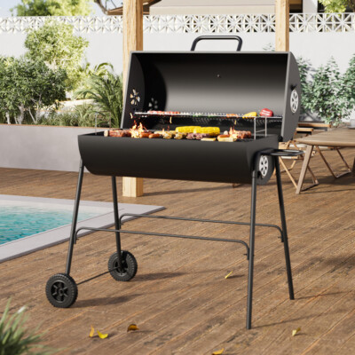 Large Charcoal BBQ Barrel Grill Garden Barbecue Patio Smoker Portable  w/Wheels UK