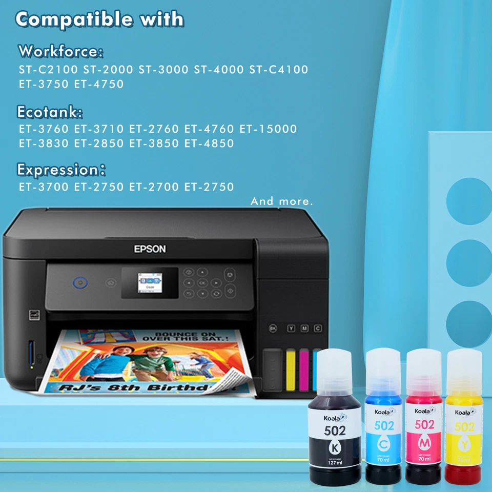 Koala 502 Ink Refill Bottles Fit Epson 502 Ink for ET-2760 2850 3760 4760 3850 - Image 4 of 4