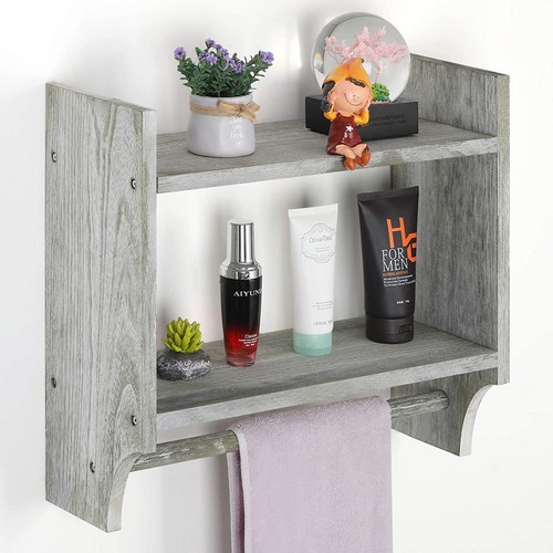 2 Tier Wall Mount Bathroom Shelf Organizer Wood Wall Storage Rack with Towel Bar